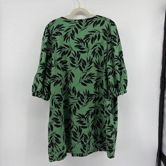 Who What Wear Dresses & Skirts - Who What Wear Dress XXL Green Linen Blend Leaf‎ Print Puff Sleeve Shift Pockets